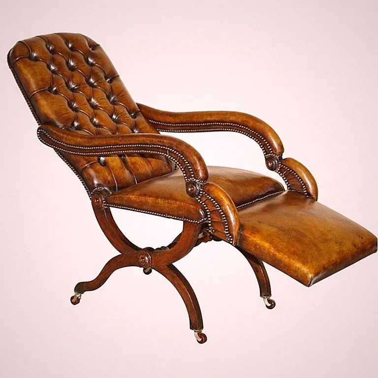 RARE ORIGINAL REGENCY X FRAMED RECLINING BROWN LEATHER CHESTERFIELD ARMCHAIR