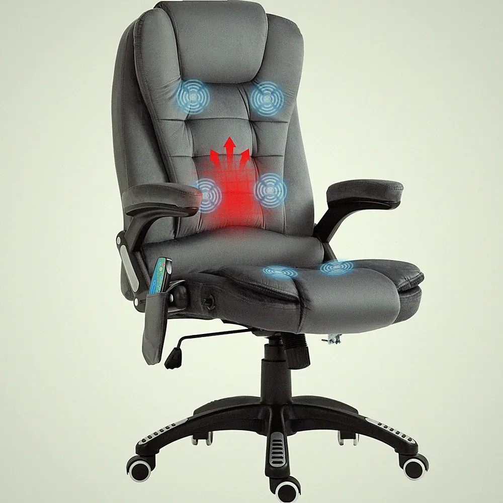 Reclining Chair Velvet-look Grey High Back Heated 6-Point Massage Swivel 5-Wheel